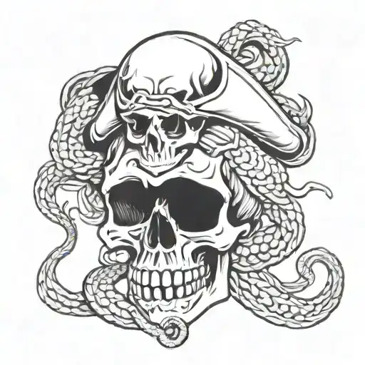 A Pirate Skull With Medusa Snakes Intertwined In The Design