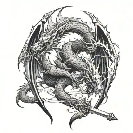 Dragon Breathing Fire With Sword Surrounded