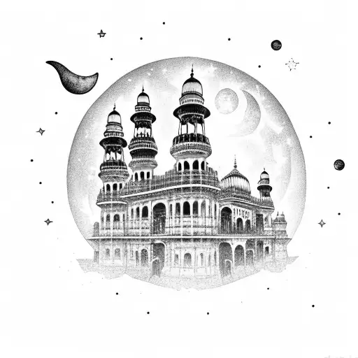 A Skyline Of Lucknow With A Moon And Stars Above