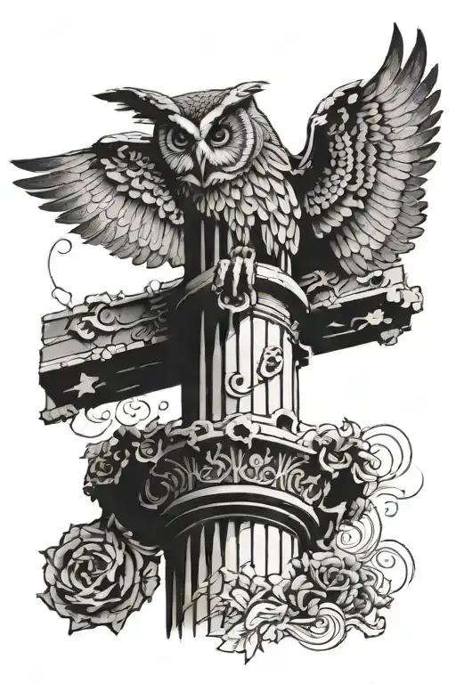 Ancient Themed Broken Column And Owl Top Of It