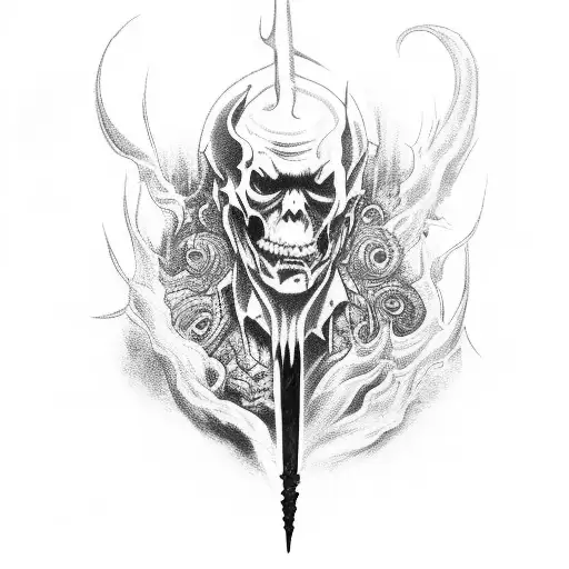 Side Profile Of Evil Gothic God Covered In Blood And Surrounded By Smoke