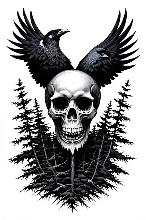 Skull And Dark Forest Raven Lake Scandinavian