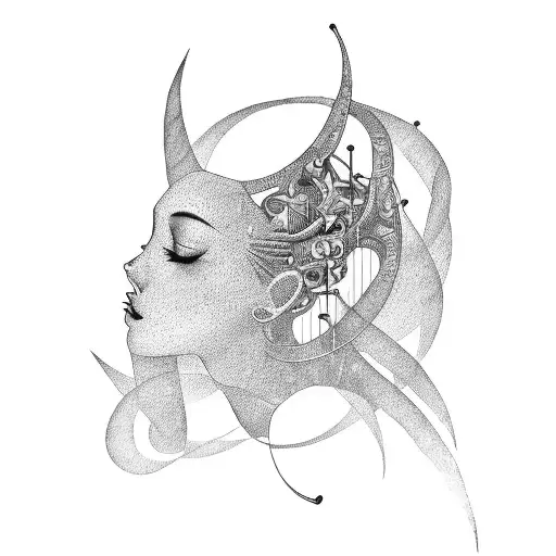 A Beautiful Female Creature Playing A Musical Instrument Surrounded By Dna Strands