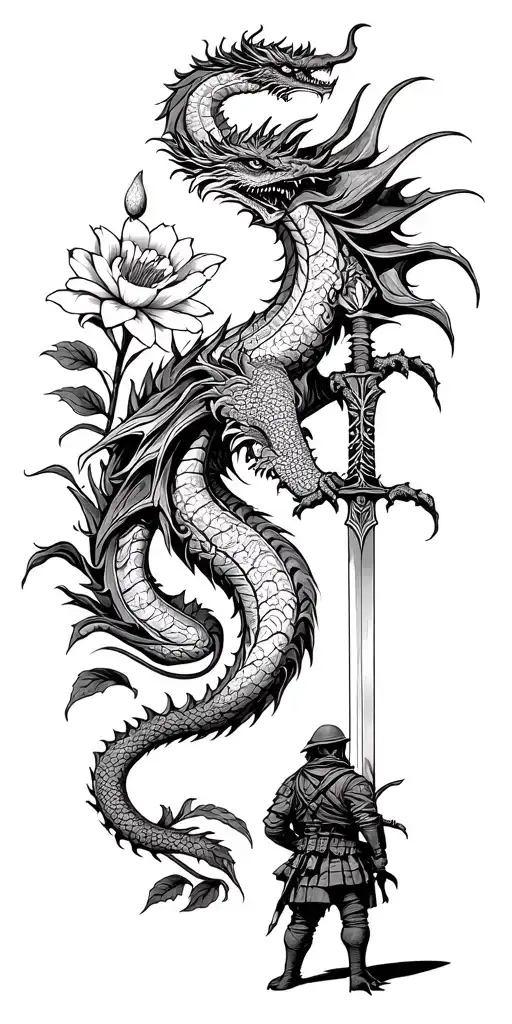 Dragon With Sword And Flower Growing And A Soldier Looks