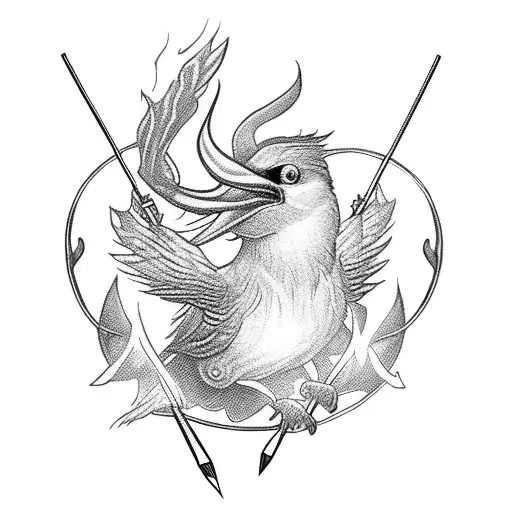 Robbin Bird With Bow In Feet And Flaming Arrow In Mouth