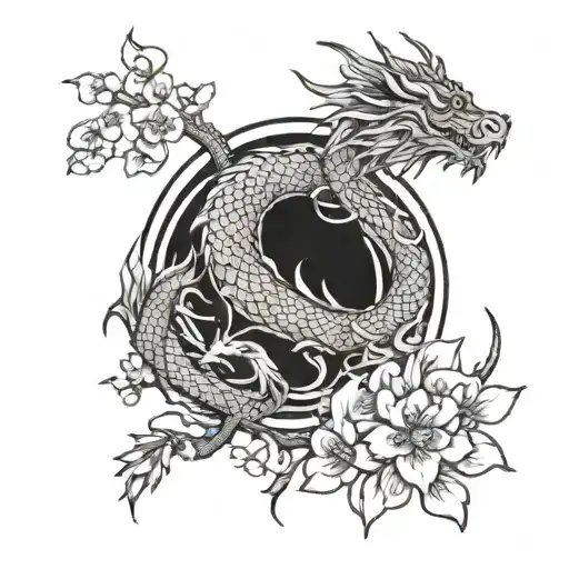 A Tattoo Featuring A Dragon And Sakura Flowers Intertwined In A Mystical And Elegant Design