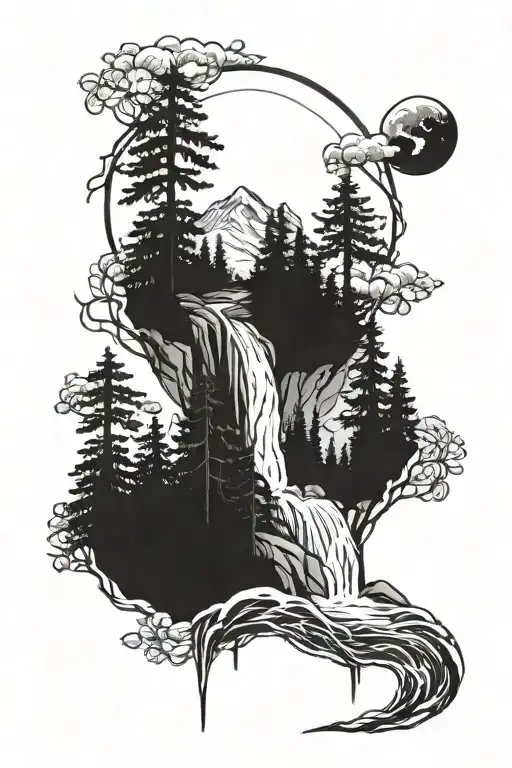 Forest Waterfall Mountain Moon