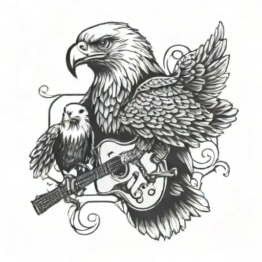 Eagle Playing A Guitar With Two Chicks Singing Along