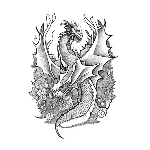 A Dragon Sitting In A Forest With Flowers