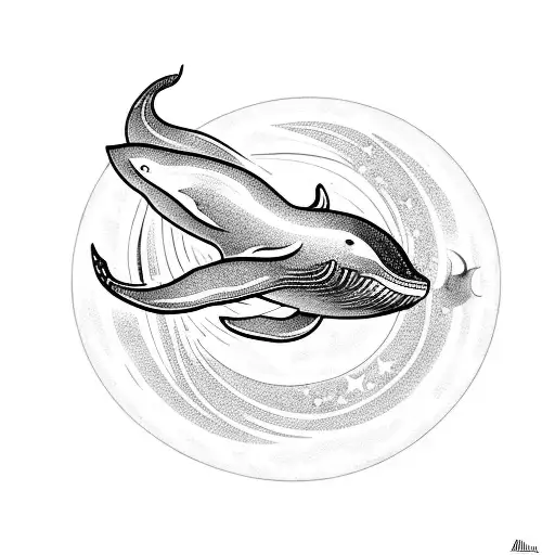 A Majestic Whale Swimming Under A Crescent Moon And Surrounded By Swirling Waves