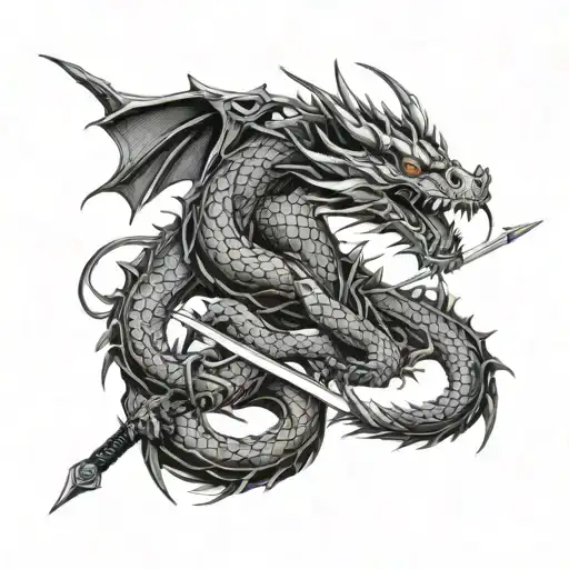 A Fierce Dragon Intertwining With Martial Arts Weapons Like Nunchucks And Swords