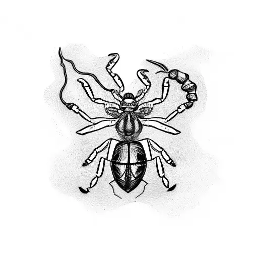 A Detailed Blackwork Tattoo Of A Scorpion Playing A Guitar With The Phrase 'Rock & Roll Forever'