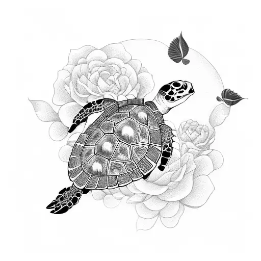 Sea Turtle With Mandala And Peonies