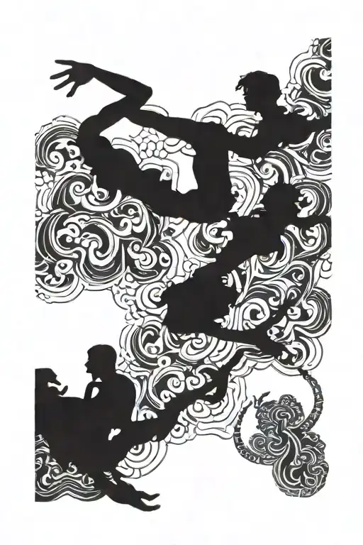 A Black Silhouette Of A Man With Other Silhouettes Of People Hanging Over Him