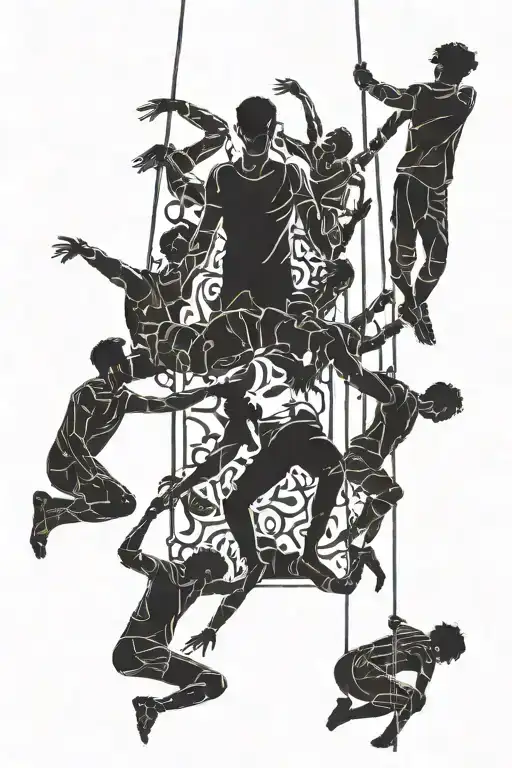 A Black Silhouette Of A Man With Other Silhouettes Of People Hanging Over Him