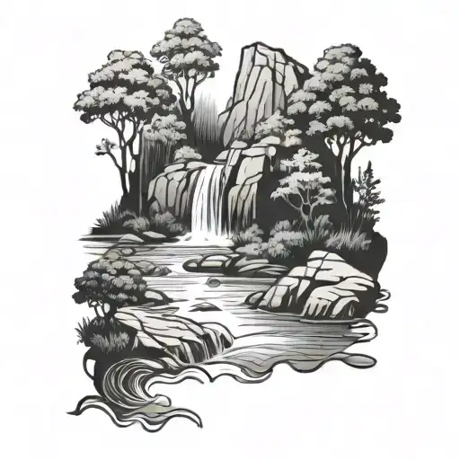 A Serene Forest Scene With A Flowing River And A Tranquil Waterfall Surrounded By Lush Greenery