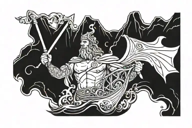 Ocean Poseidon Holding A Trident Waves Old Sail Boat