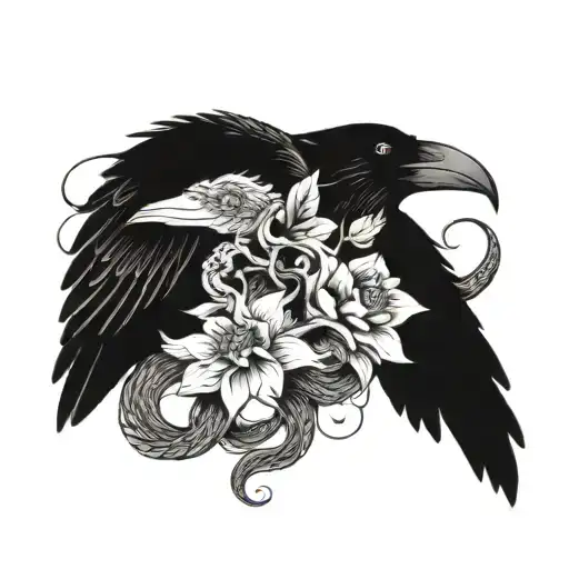 A Tattoo Design Featuring A Raven And A Snake Intertwined In A Dark And Mysterious Composition