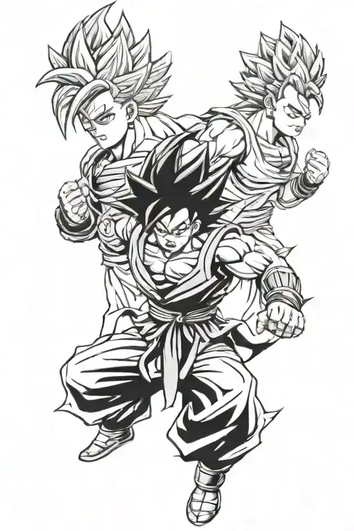 Super Gogeta With A Small Fusion Pose At The Bottom Of Goku And Vegeta