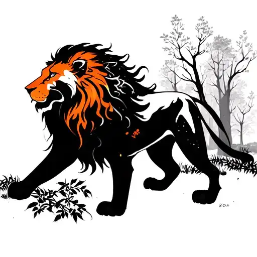 Orange Lion In Dark Forest
