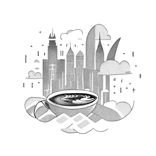 A Coffee Cup Shaped Like An Airplane Flying Over A Cityscape