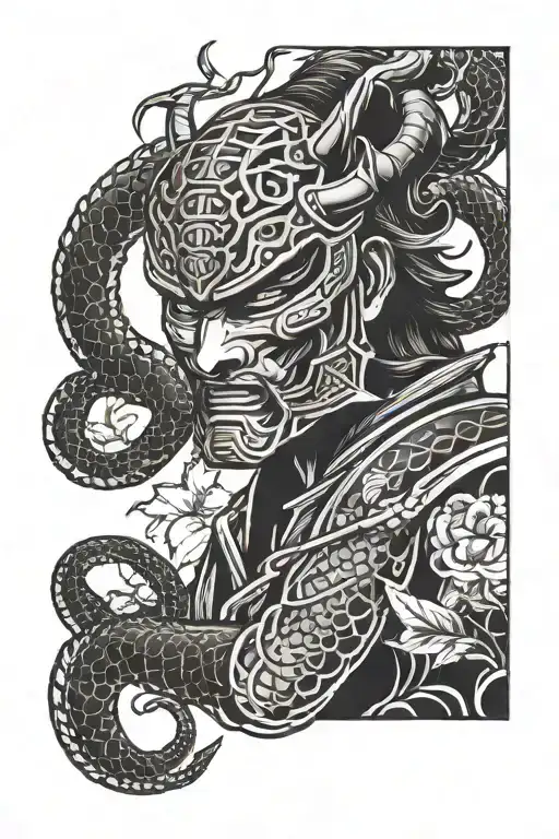 Samurai Mask And Snake Going Down Arm Sleeve