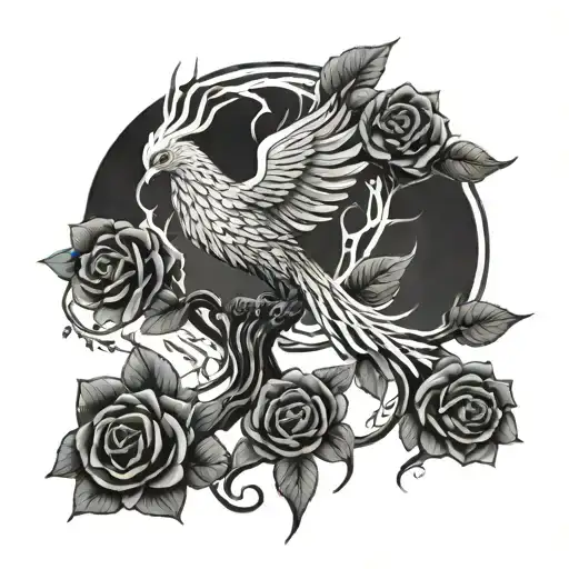 A Phoenix Tree Intertwined With Roses Symbolizing Rebirth And Love