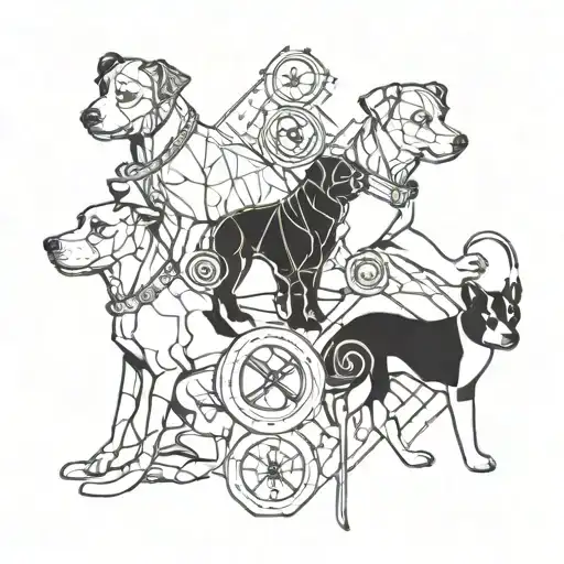 A Geometric Design Featuring Various Dog Breeds Intertwined With Stethoscopes And Veterinary Symbols