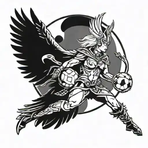 Norse Valkyrie Warrior Holding A Soccer Ball In One Hand And A Raven Perched On The Other Shoulder