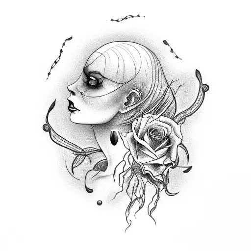 Dark And Edgy Witch With Unique Jellyfish-inspired Haircut And Elegant Rose Vine