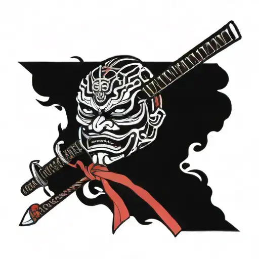 Japanese Style Forearm Tattoo With Hanya Mask And Katana In Black And Red