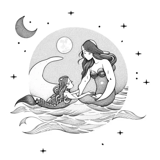 Two Beautiful Mermaids Holding Hands With The Sea And The Moon On The Background