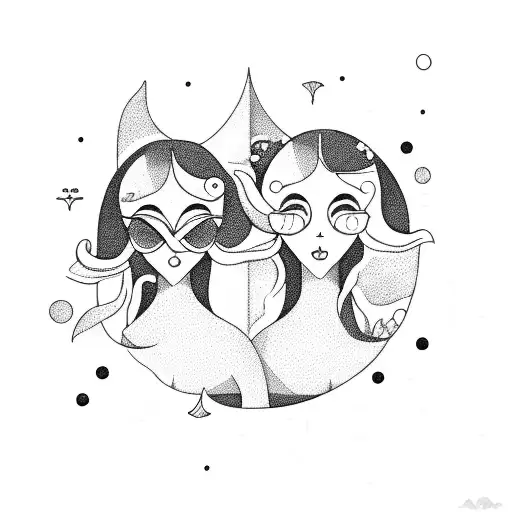 Two Sister Mermaids Holding Hands With The Sea And The Moon On The Background