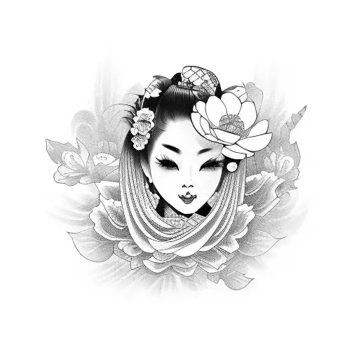 Tattoo Design Black And White Ilustrated Geisha With Japanese Flower Style Background