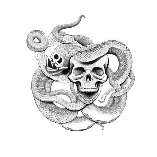 2 Snakes Biting Eachothers Tail While Wrapped Around A Skull And Fliwers