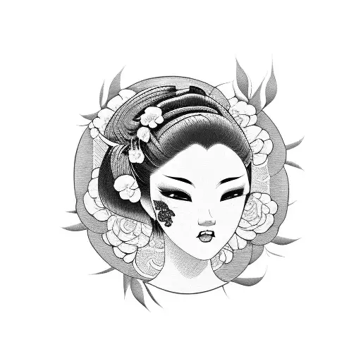 Geisha With Japanese Flower Style Background