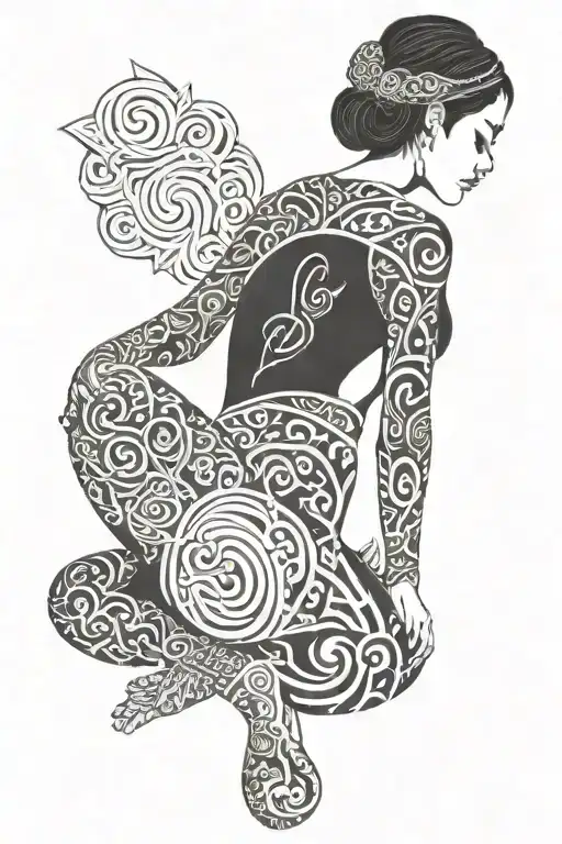 Woman Back Sitting And Manaia Symbol Surrounded