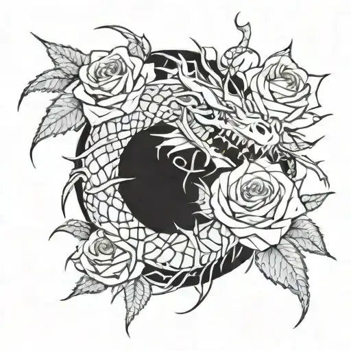Roses With Branches And Thorns Wrapping And Turning In A Dragon