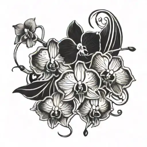 A Blackwork Tattoo Design Featuring Intricate Orchids Intertwined With Tattoo Machines