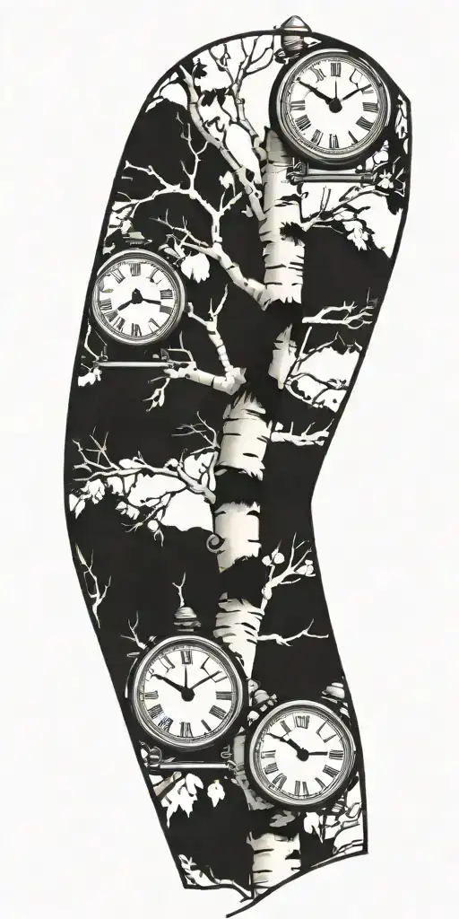 Birch Tree Branches With Three Clocks Integrated Into It For An Arm Sleeve