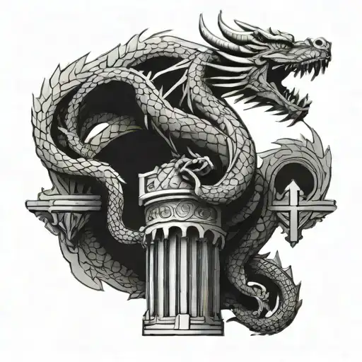 An Architectural Dragon Twisting Around A Pillar With Intricate Geometric Details