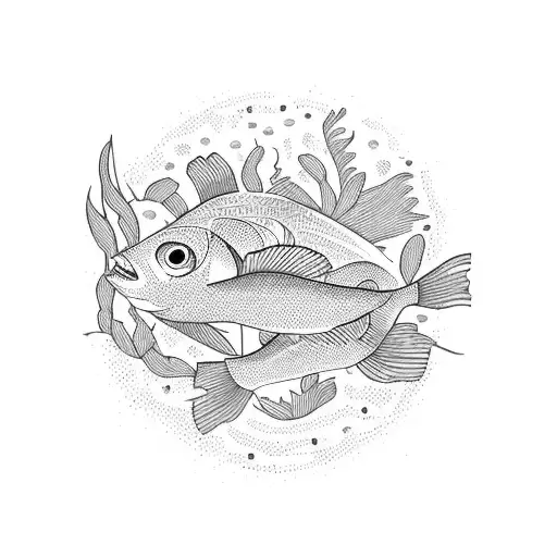 A Blackwork Tattoo Of A School Of Fish Swimming Through A Field Of Blooming Flowers