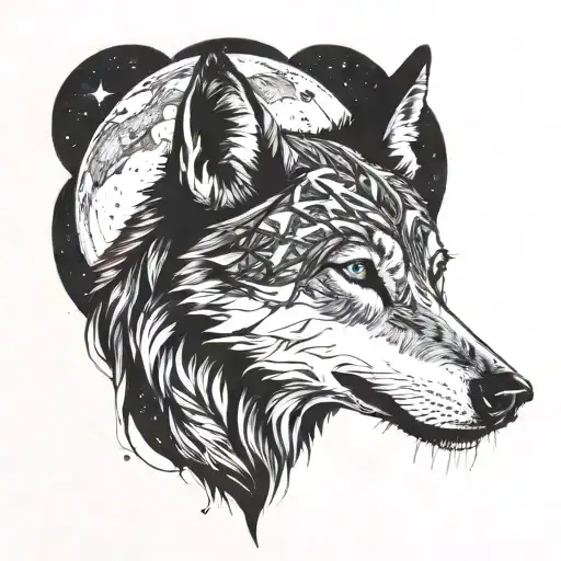 A Wolf Howling At The Moon With Constellations Forming Around It