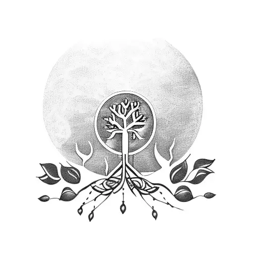 A Blackwork Tattoo Of A Peaceful Moon Shining Over A Tree Of Life Surrounded By Musical Notes