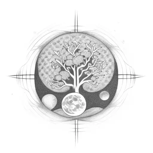 A Blackwork Tattoo Of A Peaceful Moon Shining Over A Tree Of Life Surrounded By Musical Notes
