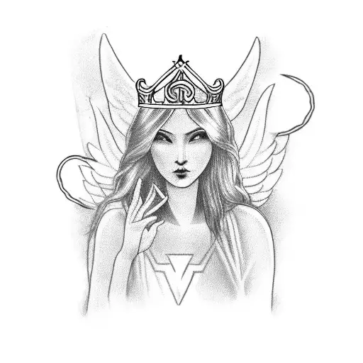 A Blackwork Tattoo Of An Angelic Figure Wearing A Crown And Playing A Poker Hand