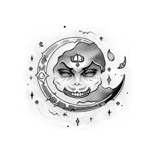 Crescent Moon With Creepy Face And Anchor