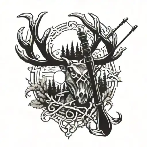Cross And Deer Antlers With A Fishing Rod