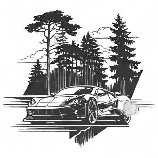 A Sleek Sports Car Speeding Down A Highway Lined With Tall Trees