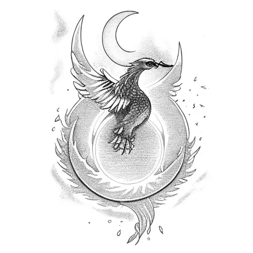A Phoenix Emerging From Water With A Crescent Moon In The Background